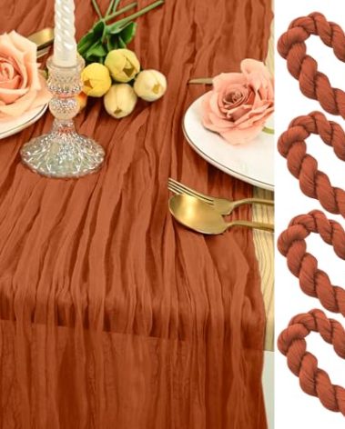 4 Pack Terracotta Cheesecloth Table Runner 12FT Gauze Table Runner with Natural Wrinkle 35*142 inch Rustic Table Decoration, Romatic Wedding Table Runner Boho for Reception Party Banquet Christmas