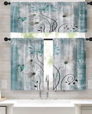 Tayney Farmhouse Floral Kitchen Window Curtains Valance and Tier Set 36 Inch, Teal and White Daisies Abstract 3 Piece Rod Pocket Short Tier Curtain for Bathroom, Vintage Drapes for Kitchen Decor