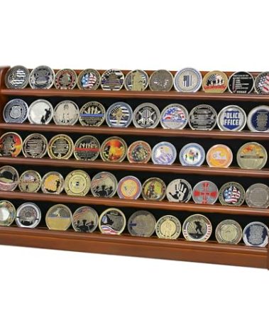 ASmileIndeep 5 Rows Challenge Coin Holder Display Stand Holds 50 Coins for Wall Mount or Tabletop, Solid Wood Military Coin Rack Display Case for Collectibles, Walnut