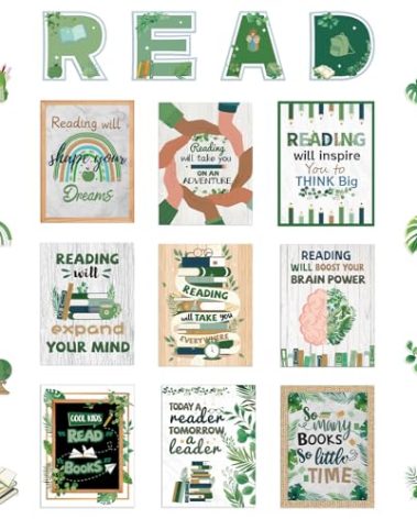 45 PCS Reading Bulletin Board Sets Eucalyptus Classroom Decor Bulletin Board Poster Greenery Classroom Decor for School Classroom Office Home Nursery Library