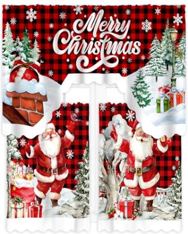 FuWeave Christmas Kitchen Curtains 3 Piece Set Santa Claus Window Curtains and Valance Set Xmas Curtain Swag for Kitchen Bedroom Living Room Decor, 60 x 36 Valance, 36 x 30 Tier