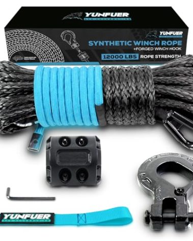 YUNFUER 5/16" x 50ft Synthetic Winch Rope Cable Kit, 12000LBS Winch Rope with Protective Sleeve + Forged Winch Hook + Rubber Stopper and Safety Pull Strap for ATV UTV (Gray)