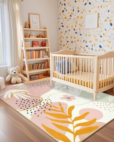 Capslpad Area Rugs 5x7, Washable Nursery Rug, Low Pile Soft Non-Shedding Playroom Carpet, Botanical Print Pink Rugs for Bedroom, Classroom, Living Room