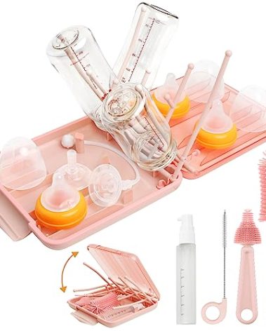 Maclined Travel Baby Bottle Drying Rack Set with Extendbale Protable Silicone Bottle Brush, Nipple Cleaner Brush,Straw Brush Compact Size Baby Essential for Newborn & Moms (Pink)