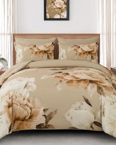 Dobuyly California King Comforter Set 7 Piece Bed in a Bag, Taupe Floral Printed on Khaki Fall Comforter Set with Sheets, Soft Microfiber Farmhouse Complete Bedding Set for All Season