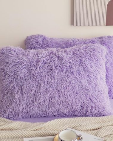 HAIHUA Faux Fur Lavender Fluffy Pillow case, Soft Fuzzy Pillow case, Fluffy Pillow Covers for Home Bedroom Living Room, Zipper Closure, Set of 2 (Lavender, Standard 20"x 26")