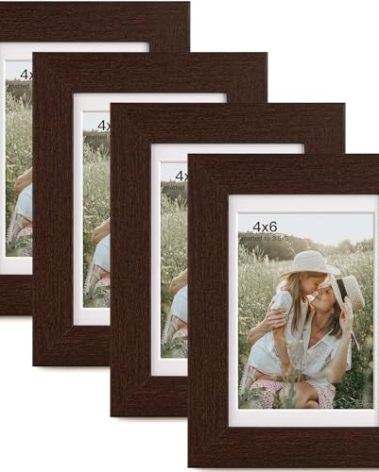Momentworth 4x6 Picture Frame with Mat for 3.5x5, Walnut Wood Grain Dark Brown Gallery Wall Picture Frames for Tabletop or Wall Mounting(4 Pack, Walnut)