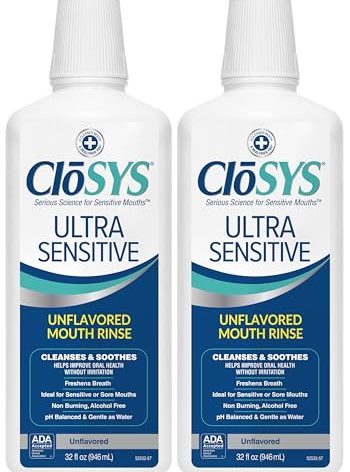 CloSYS Ultra Sensitive Mouthwash, Unflavored Alcohol Free, Dye Free, pH Balanced, Helps Soothe Entire Mouth – 32 Oz (Pack of 2)