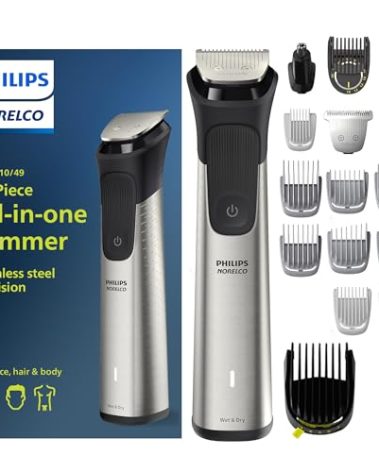Norelco Philips Multigroom 7000 Series, All-in-One Trimmer, Beard Trimmer and Hair Clipper, 19-Piece Men's Grooming Kit for Beard, Head, Hair, Body, and Face, Soft Pouch, MG7910/49