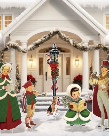 Shellwei 5 Set Large Vintage Christmas Family Carolers Yard Signs Xmas Outdoor Lawn Yard Signs with Stakes Outdoor Garden Decorations for Christmas Holiday Decor