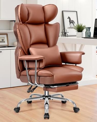 Big and Tall Office Chair 400LBS Wide Seat, Ergonomic Gaming Chair with Foot Rest, Executive Office Chairs with Lumbar Support, Leather Computer Chairs for Heavy People, Brown
