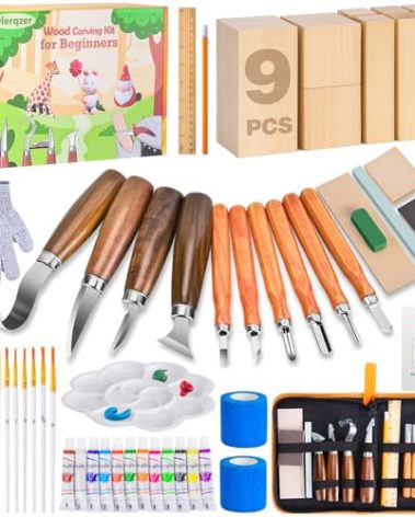 Olerqzer Deluxe Wood Carving Kit Whittling Kit, 54 PCS Wood Carving Tools Set with Carving Hook Knife,Whittling Knife,Painting Set and Basswood Blocks,Wood Carving Knives for Beginners Adults Kids