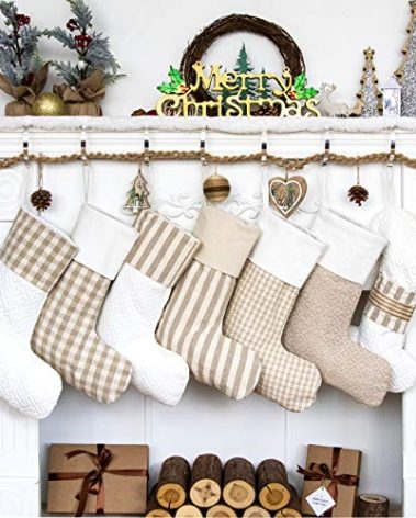 LUBOT Set of 6 +1 Dog Christmas Stockings(20inch) Plaid/Rustic/Farmhouse/Country Fireplace Hanging Canvas Handmade Xmas Stocking Decorations for Family Holiday Season Decor