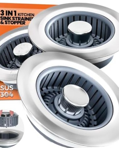 Nipoko Sink Drain Strainer - Sink Stopper, 3-in-1 Kitchen Stainless Steel Drain Plug with Anti-Clog Basket, Pop-Up Cover Fits Standard 3-1/2” Openings for Double Bowl Kitchen Sinks