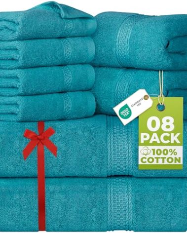 Utopia Towels 8 Piece Luxury Towel Set – Majestic Plush, Super Absorbent & Quicker-to-Dry, Thick 100% Ring Spun Cotton Towels for Bathroom, Spa & Hotel – 2 Bath, 2 Hand, 4 Washcloths,Teal