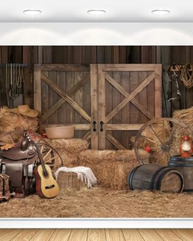 Western Backdrop 10x8ft Cowboy Party Decorations Wild West Country Farm Barn Door Photography Background Rodeo Banner Decor for Baby Shower Birthday Supplies Photoshoot Polyester Fabric