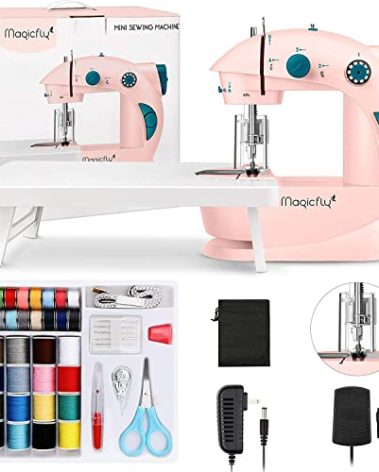 Magicfly Mini Sewing Machine with Extension Table, Dual Speed Portable Sewing Machine for Beginners with Light, Sewing Kit for Household Use, Pink
