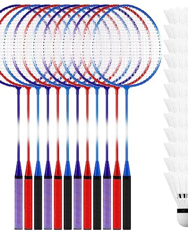 Meooeck 12 Pcs Badminton Rackets Set for Adults and Teenagers Badminton Set with 12 Pcs Nylon Shuttlecocks for Backyard Gym Beach Outdoor Games, Red, Purple and Blue