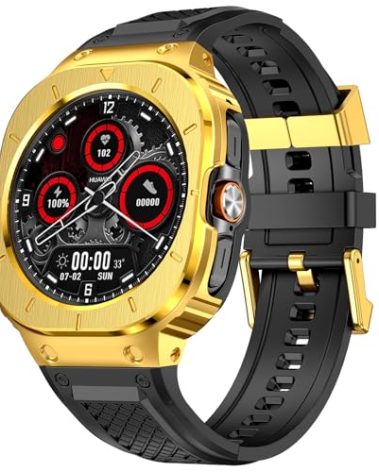 Deczone Silicone Band with Stainless Steel Case Cover Compatible with Samsung Galaxy Watch 8 Ultra 47mm (2025) / Samsung Galaxy Watch Ultra 7 47mm Bands (2024) Protective Case Cover for Men (Gold)