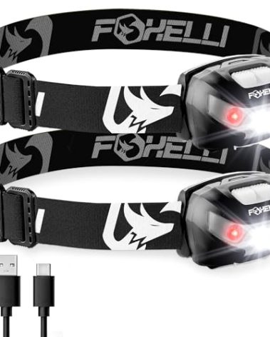 Foxelli USB-C Rechargeable LED Headlamp – Super Bright, Lightweight Head Lamp for Running, Camping, Hiking & Work – Comfortable Fit for Adults & Kids