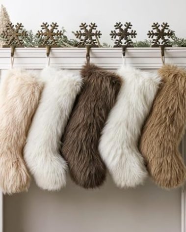 Rustic Personalized Christmas Stockings, 5 Pcs 18 Inch Luxury Thick Plush Faux Fur Stocking, 4 Neutral Colors of White Brown Light Brown, Merry Christmas Home Décor Xmas Party Decorations Winter Gifts