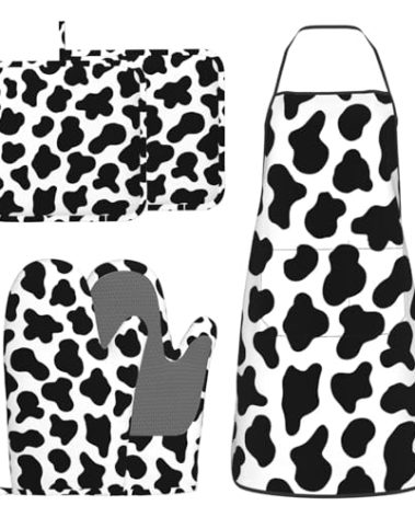 BOKEKANG Cow Print Oven Mitts and Pot Holders with Apron 5pcs Silicone Black White Cow Kitchen Mitten Gloves and Non-Slip Potholders Apron Set Heat Resistant Cowhide Oven Gloves Hot Pads for Baking