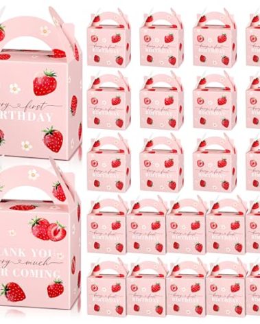 Sinload 24 Pack Strawberry Birthday Party Favor Sweet Strawberry Treat Box 6.1 X 3.9 X 8.3 In Fruit Gift Candy Box Strawberry Theme Goodie Present Box for Sweet One Birthday Baby Shower Decor Supplies