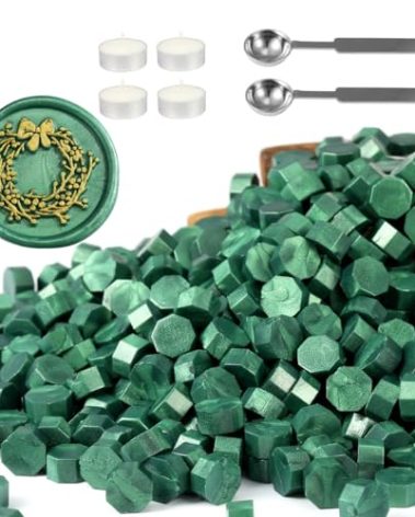 Yoption 360Pcs Metallic Green Sealing Wax Beads, Hexagon Wax Seal Beads with 4Pcs Tea Candles and 2 Melting Spoons for Wedding Invitations, Wine Packaging, Gift Wrap, Envelopes