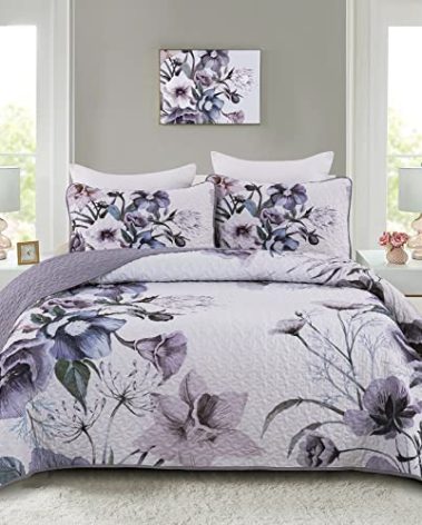 Drucon Purple Floral Quilt Set King Size 3 Pieces Purple Botanical Flower Quilt Coverlet Set Soft Microfiber Lightweight Quilted Bedspread for All Season 104"x90"