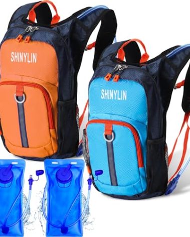 Shinylin 2 Pcs Kids Hydration Backpack with 1.5l Water Bladder Lightweight Kids Hiking Backpack Water Rucksack for Boys Girls Climbing Running(Blue, Orange)