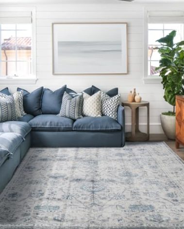 LIMON HOME Light Blue Washable Area Rug 6x9,Vintage Blue Floral Thick Rug for Bedroom Living Room Dining Room Indoor Kids Playroom,Jungle Botanical 6X 9 Area Rug