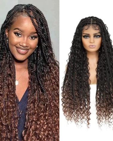 Humistwbiu Boho Box Braid Knotless Goddess Locs Wigs with Curly Ends Double Full Lace Square Synthetic Dark Brown Braided Wigs with Baby Hair for Woman (36 Inch,1B/30)