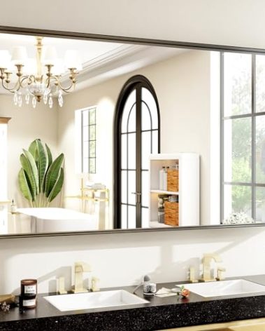 Easly 48"x30" Black Bathroom Mirror - Modern Black Mirror for Wall with Rounded Corners, Bathroom Mirrors for Vanity, Aluminum Alloy Framed Mirror Portrait or Landscape Hang