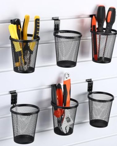 Briwooody 6 Set Slatwall Cups with Hook Loops, Mesh Steel Slatwall Tool Holder Bin Cups Pencil Holder Metal Slat Wall Organizer Accessories for Craft Garage Workshop Office Storage(Black)