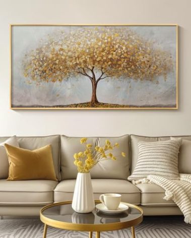 Large Framed Tree of Life Gold Wall Art, Large Canvas Prints Paintings Artwork for Walls, Modern Luxury Golden Big Tree Pictures for Living Room Fireplace Bedroom Kitchen Dining Room Office Wall Decor