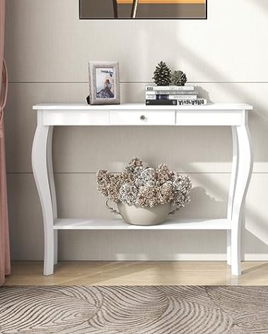 ChooChoo Narrow Console Table with Drawer, Chic Accent Sofa Table, Entryway Table, 39.3 Inch, White
