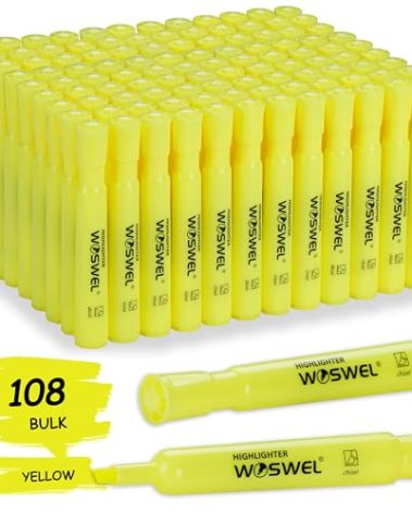 WOSWEL Highlighters Bulk, 108 Pack Tank Style Highlighters Set, Fluorescent Yellow, Chisel Tip Highlighter Markers Bulk for Kid and Adult Coloring, Highlighting as School Supplies