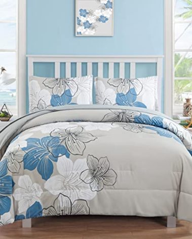 Luxudecor Blue Comforter Set King Size, 7 Pieces Bed in a Bag Blue Floral Comforter and Sheet Set, Soft Microfiber Grey Complete Bedding Sets for All Seasons