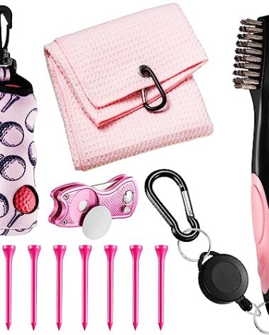 Liliful 12 Pcs Golf Accessories Kit, Include Golf Ball Bag with Hook Towel Tees Magnetic Ball Marker Divot Tool Cleaner Brush for Women Man Gifts(Pink)