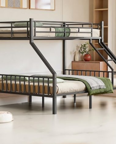 Mixcous Twin XL Over Queen Bunk Bed for Adults, Heavy Duty Metal Bunk Beds with Safety Guardrails & EVA Padded Ladder, Twin XL Over Queen Bunk Beds Frame with Noise-Free Slats, Space-Saving(Black)