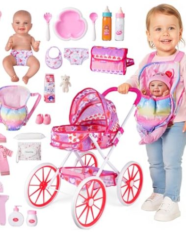 BABESIDE Baby Doll Stroller and Accessories – 12" Washable Baby Doll with 24 Pcs Care Kit, Carrier & Sturdy Wheels – Pretend Play Doll Stroller for Toddlers Girls Ages 3+