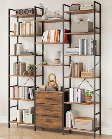 AFLUI Triple Bookshelf with 3 Fabric Drawers, 6-Tier Book Shelf and 10 Display Shelves, Industrial Large Bookcase for Home & Office, Rustic Brown, 47'' Wide