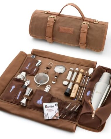 Barillio Bartender Kit Bag with Cocktail Shaker Set - Waxed Canvas, Traveling Bar Tools Bag with 17-Pc Cocktail Kit - Travel Mixology Bartending Kits - Mobile Bar Roll with Strap & Accessories