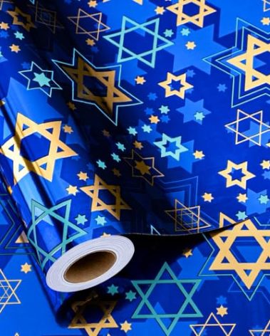 MAYPLUSS Hanukkah Wrapping Paper Roll - 17In * 32.8 Ft - Navy Blue Star of David Gift Wrap Present Paper with Metallic Foil Design for Chanukah Jewish Festival, Christmas, Party, Holiday & DIY Craft