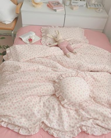 BuLuTu Girls Baby Duvet Cover Pink Flower Duvet Covers Muslin Cotton Toddler Kids Duvet Cover Quilted Protector, 47"x59", Galsang Print (No Filling)
