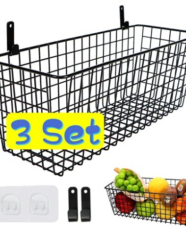 Joben Oligey 3 Set [Extra Large] Hanging Wall Baskets ,Wire Basket For Storage Pantry, Farmhouse Food Storage Kitchen Pantry Laundry Closet Garage RV ,Black