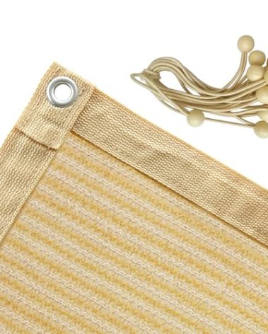Shatex 90% Shade Fabric Sun Shade 10x 10ft Cloth Taped Edge with Grommets Sun-Block Mesh Shade for Pergola Cover Canopy Wheat, 12 Bungee Balls