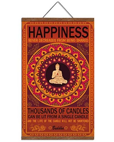 WEROUTE Buddha Wall Art Zen Decor Printed on Canvas with Scroll Wood Frame Hanger Poster Happiness Quote Motivational Home Decor Hanging Painting 15.7 x 27 inch