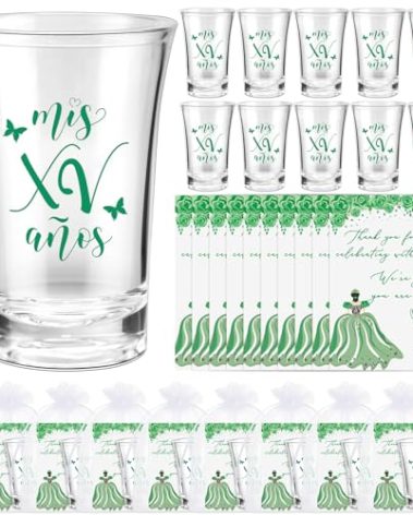 Havawish Quinceanera Party Favors for Guests Quinceanera Acrylic Clear Shot Glasses Thank You Cards with Organza Bags Mis Quince Anos Sweet 15 Birthday Party Favors(Green,50 Sets)