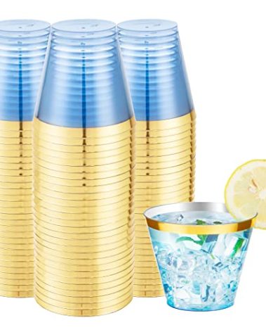 LUODA 150 PCS Blue Plastic Cups,9oz Clear Disposable Cups with Gold Rim, Old Fashioned Tumblers Gold Rimmed Plastic Cups for Any occasion: Weddings, Parties, Business Events